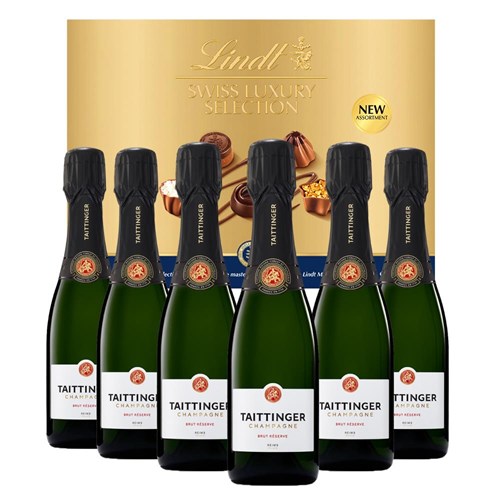 Taittinger Brut Champagne 37.5cl Case of 6 with Lindt Swiss Tradition Chocolates 193g